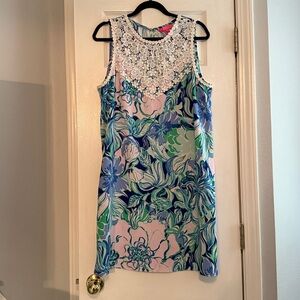 Floral Sleeveless Dress with Lace Neckline